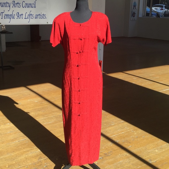 Carole Little long/maxi red Asian style short sleeve button front dress - Picture 1 of 8